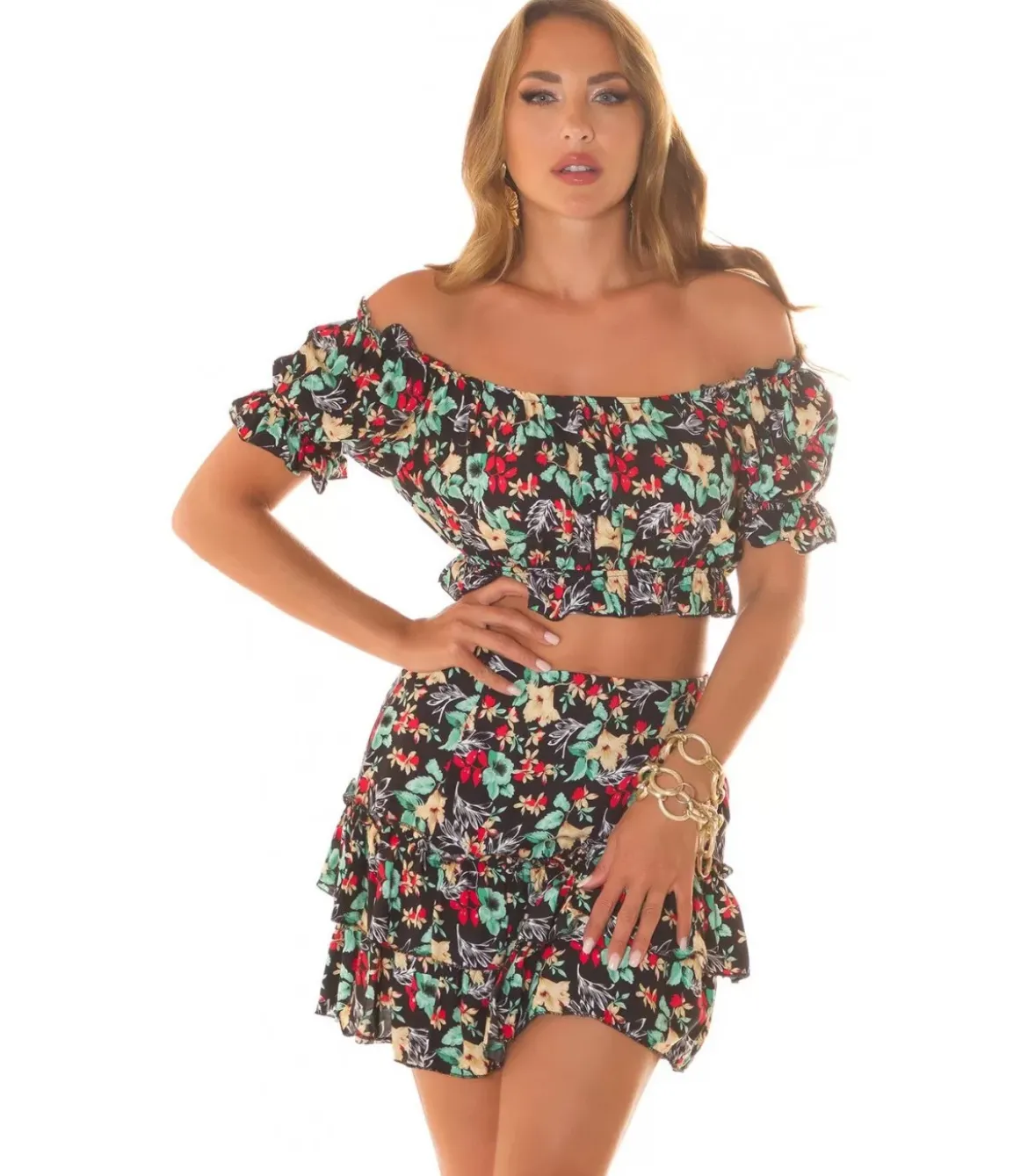 Koucla musta kukkakuvioinen off-shoulder hamesetti