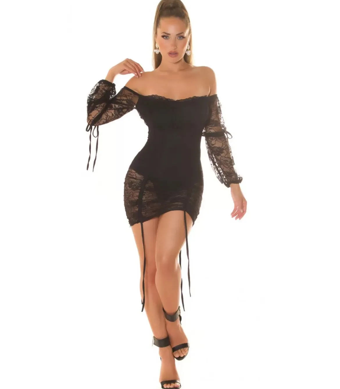 Koucla musta off-shoulder pitsinen bodymekko nauhoilla