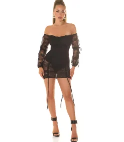 Koucla musta off-shoulder pitsinen bodymekko nauhoilla