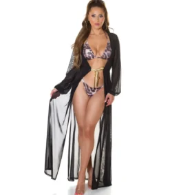 Koucla musta pitkä mesh-kimono kultanauhoilla