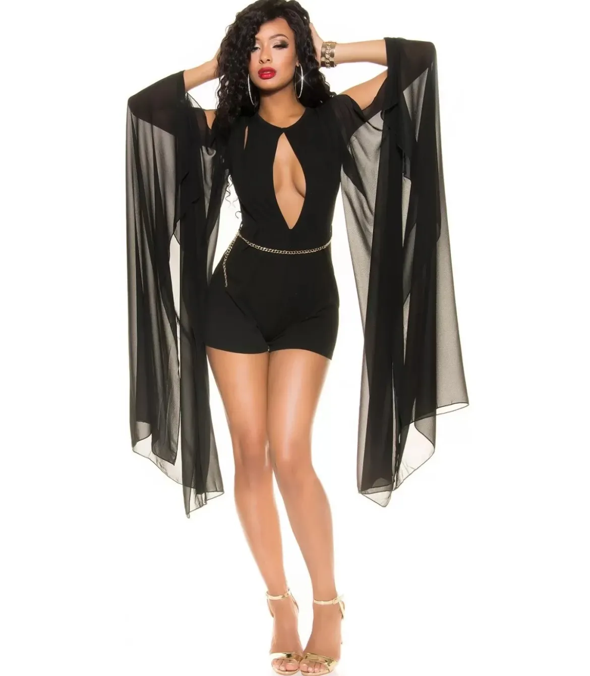 Koucla musta playsuit sifonkihihoilla ja vyöllä