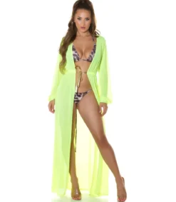 Koucla neonkeltainen pitkä mesh-kimono kultanauhoilla