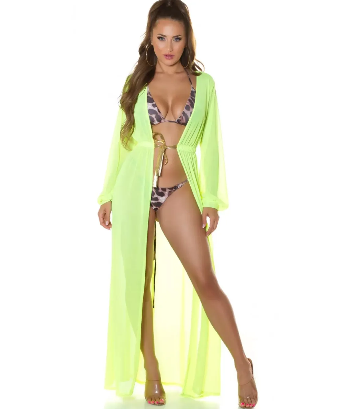 Koucla neonkeltainen pitkä mesh-kimono kultanauhoilla