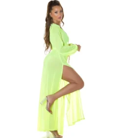 Koucla neonkeltainen pitkä mesh-kimono kultanauhoilla