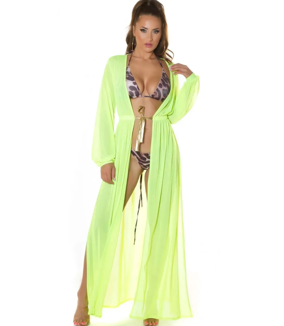 Koucla neonkeltainen pitkä mesh-kimono kultanauhoilla