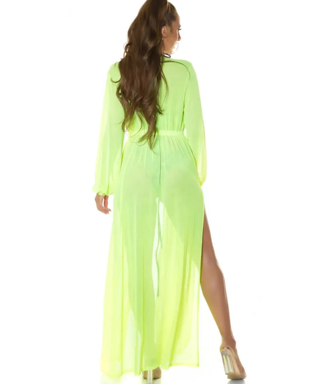 Koucla neonkeltainen pitkä mesh-kimono kultanauhoilla