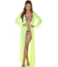 Koucla neonkeltainen pitkä mesh-kimono kultanauhoilla
