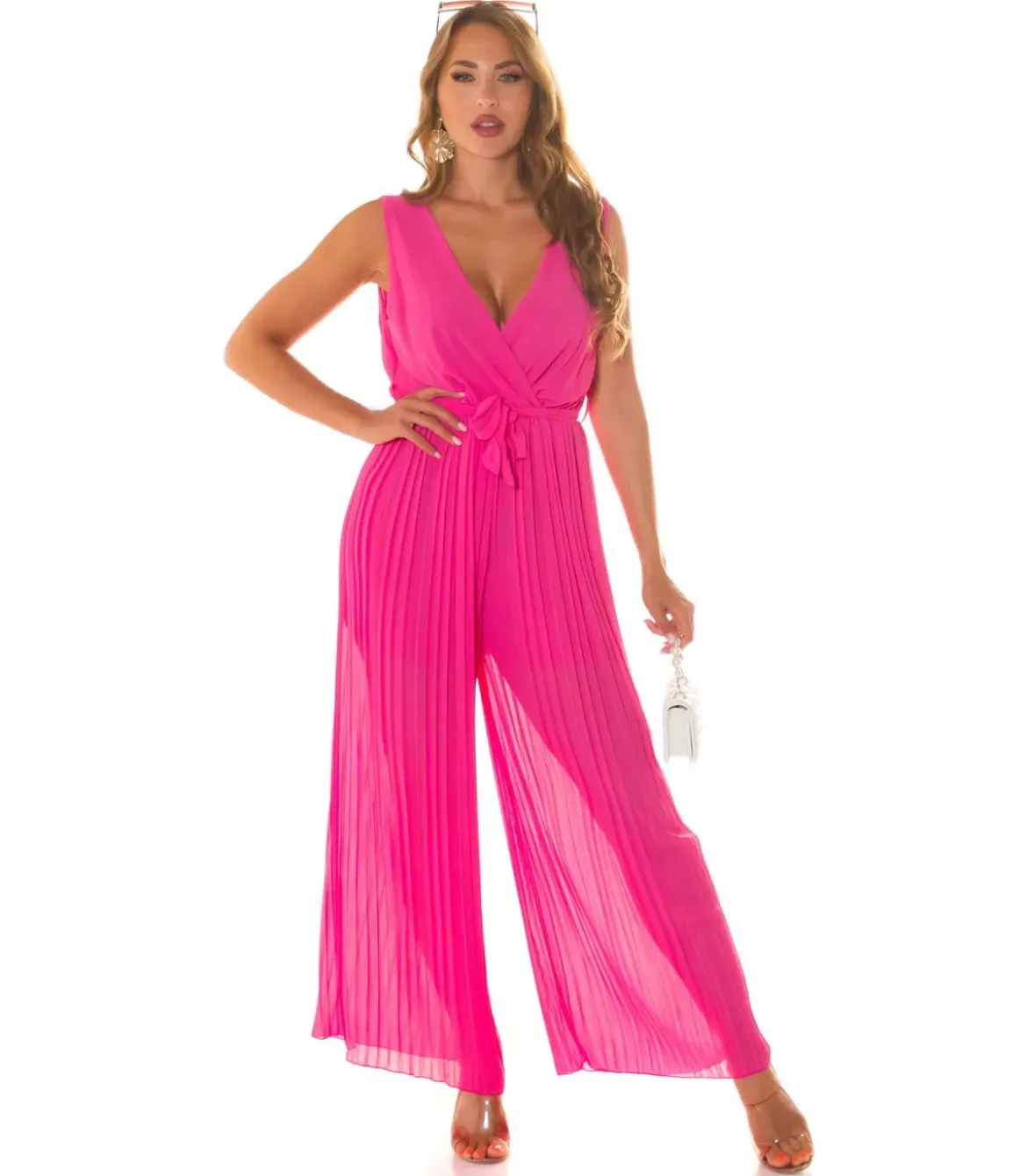 Koucla pinkki vekkilahkeinen v-jumpsuit vyöllä