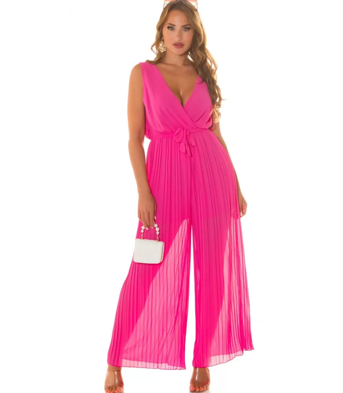 Koucla pinkki vekkilahkeinen v-jumpsuit vyöllä