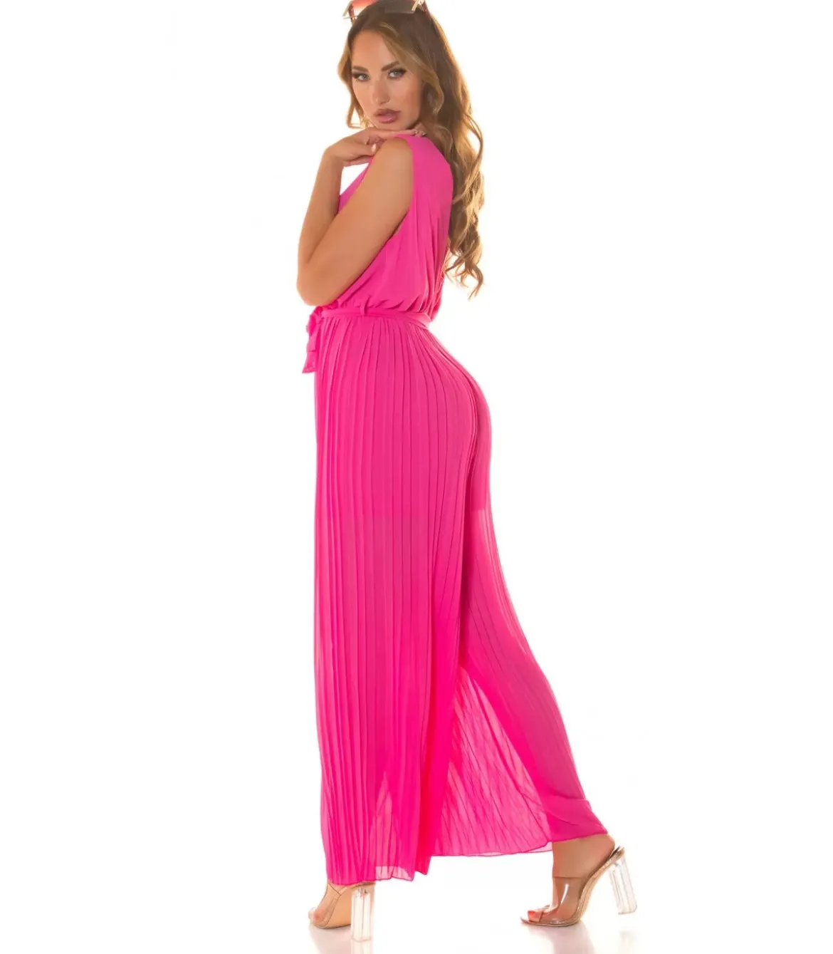 Koucla pinkki vekkilahkeinen v-jumpsuit vyöllä