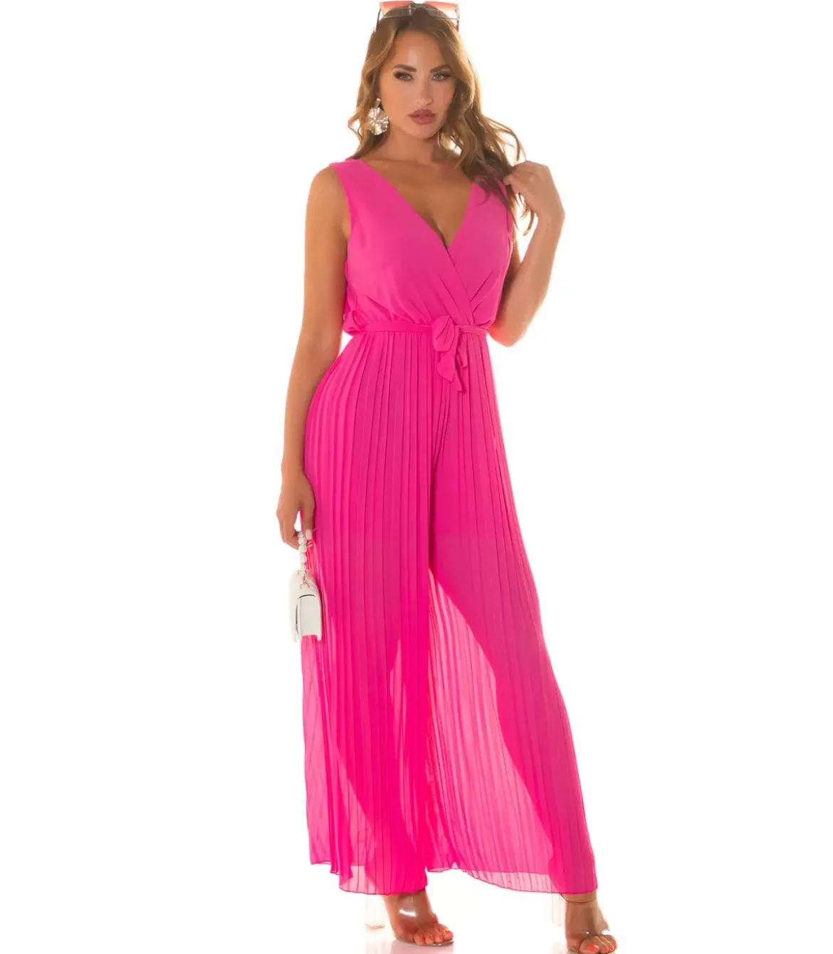 Koucla pinkki vekkilahkeinen v-jumpsuit vyöllä
