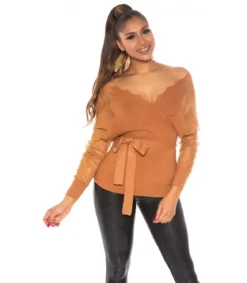 Koucla pronssi pitsihihainen wrap-look v-neule vyöllä