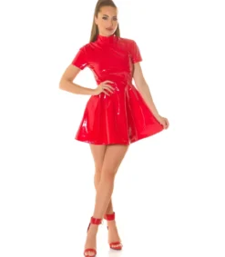 Koucla punainen lyhythihainen latex look skater-mekko