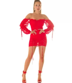 Koucla punainen off-shoulder pitsinen bodymekko nauhoilla