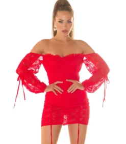 Koucla punainen off-shoulder pitsinen bodymekko nauhoilla