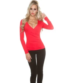 Koucla punainen pitkähihainen wrap-look v-paita (plus size)
