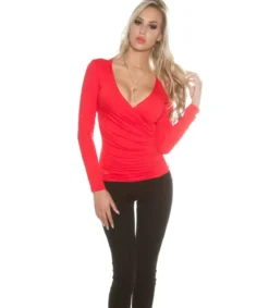 Koucla punainen pitkähihainen wrap-look v-paita (plus size)