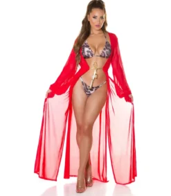Koucla punainen pitkä mesh-kimono kultanauhoilla
