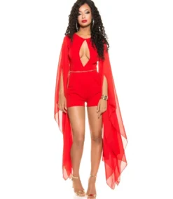 Koucla punainen playsuit sifonkihihoilla ja vyöllä