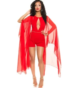 Koucla punainen playsuit sifonkihihoilla ja vyöllä
