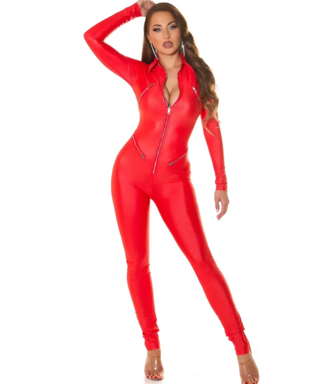 Koucla punainen tekonahkainen jumpsuit vetoketjuilla