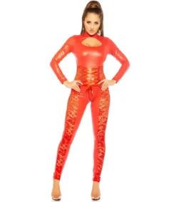Koucla punainen wetlook catsuit nyöreillä ja pitsillä