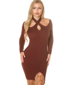 Koucla ruskea off-shoulder ribbineulemekko kurkistusaukolla