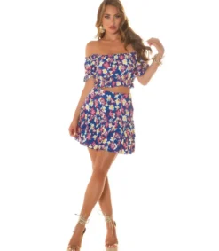 Koucla sininen kukkakuvioinen off-shoulder hamesetti