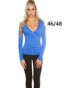 Koucla sininen pitkähihainen wrap-look v-paita (plus size)