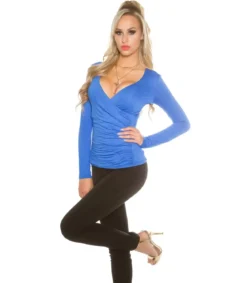Koucla sininen pitkähihainen wrap-look v-paita (plus size)