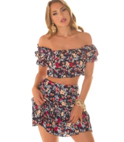 Koucla tummansininen kukkakuvioinen off-shoulder hamesetti