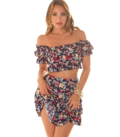 Koucla tummansininen kukkakuvioinen off-shoulder hamesetti