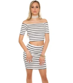 Koucla tummansinivalkoinen lyhyt off-shoulder ribbipaita