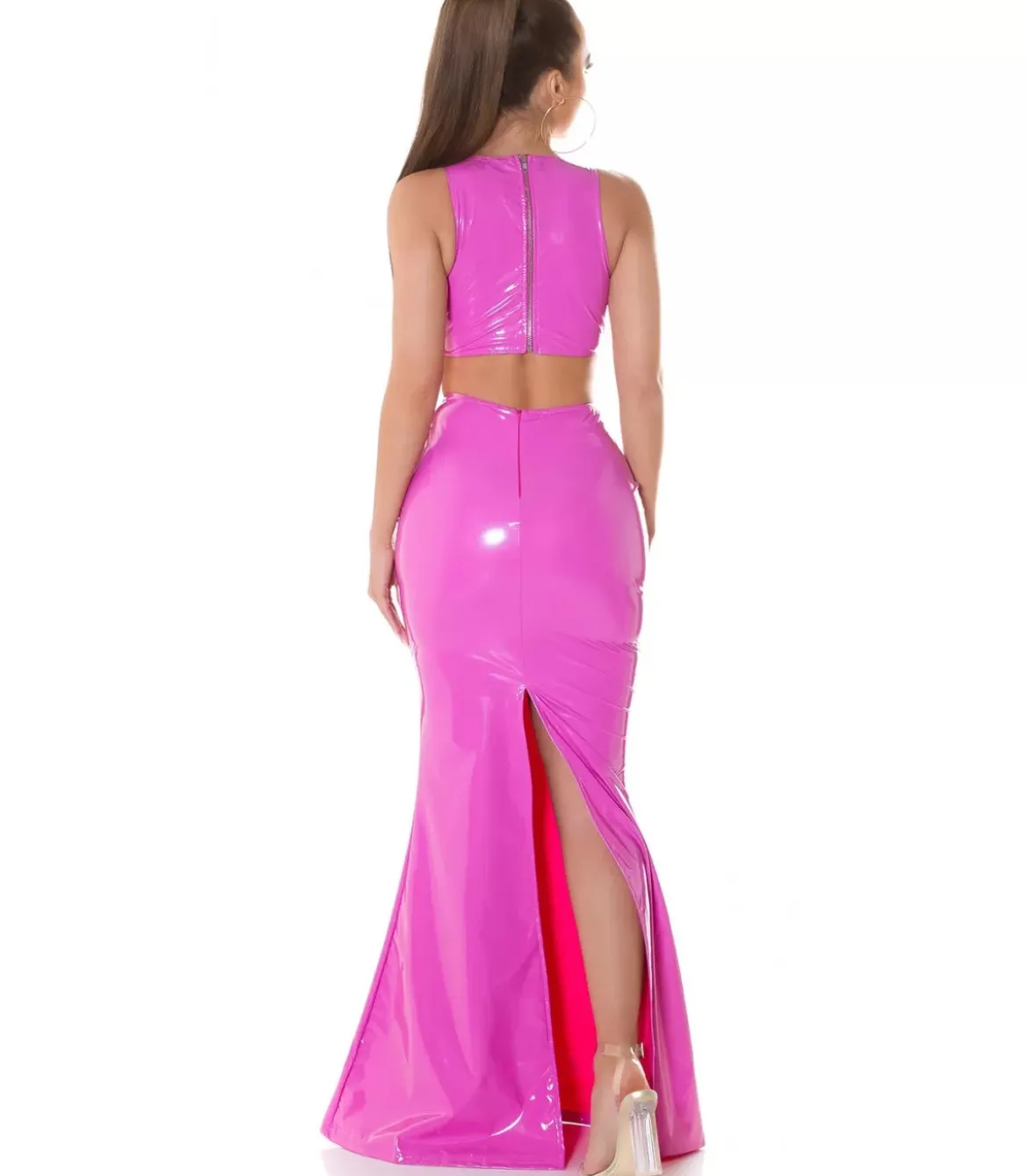 Koucla vaaleanpunainen latex look maksihame halkiolla