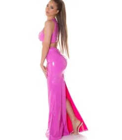 Koucla vaaleanpunainen latex look maksihame halkiolla