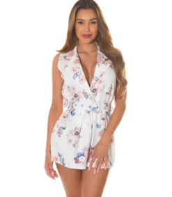 Koucla valkoinen kukkakuvioinen v-playsuit vyöllä