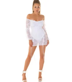 Koucla valkoinen off-shoulder pitsinen bodymekko nauhoilla