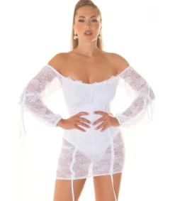 Koucla valkoinen off-shoulder pitsinen bodymekko nauhoilla