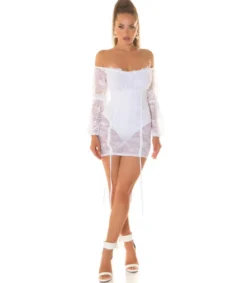 Koucla valkoinen off-shoulder pitsinen bodymekko nauhoilla
