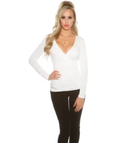 Koucla valkoinen pitkähihainen wrap-look v-paita (plus size)