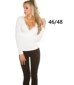 Koucla valkoinen pitkähihainen wrap-look v-paita (plus size)