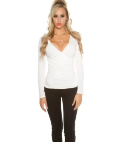 Koucla valkoinen pitkähihainen wrap-look v-paita (plus size)