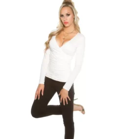 Koucla valkoinen pitkähihainen wrap-look v-paita (plus size)