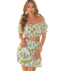 Koucla vihreä kukkakuvioinen off-shoulder hamesetti