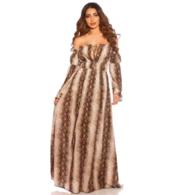 Käärmekuvioinen pitkähihainen off-shoulder mesh-maksimekko