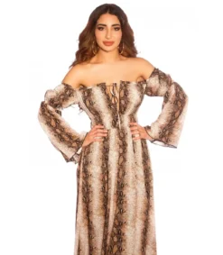 Käärmekuvioinen pitkähihainen off-shoulder mesh-maksimekko