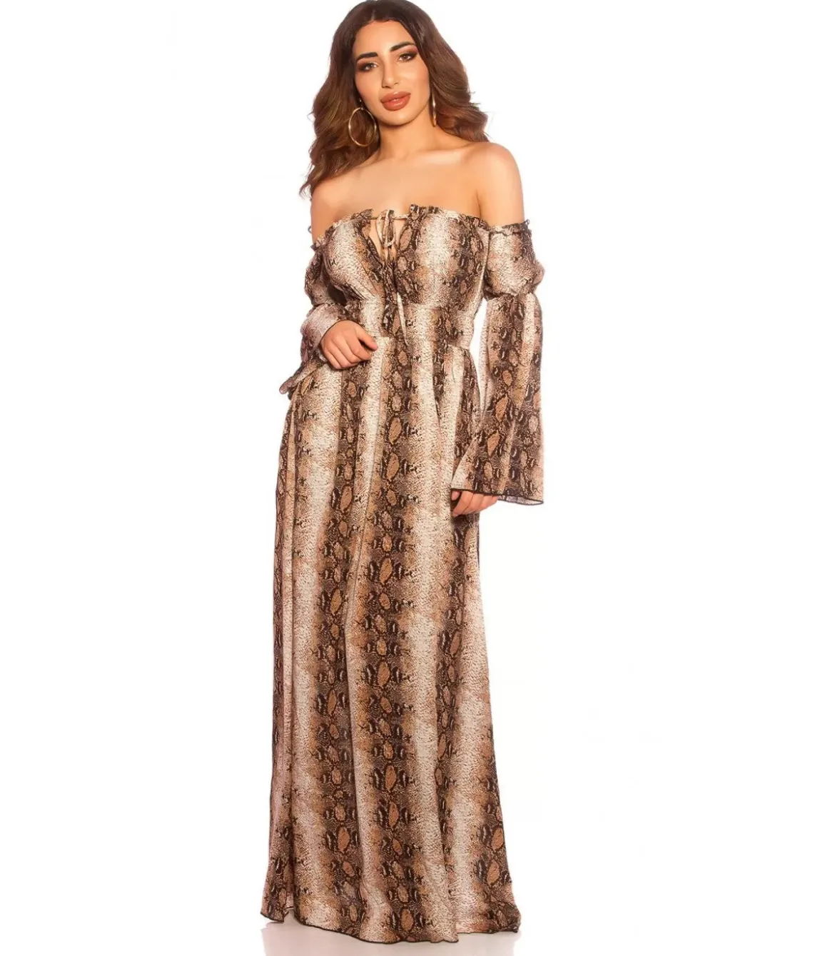 Käärmekuvioinen pitkähihainen off-shoulder mesh-maksimekko