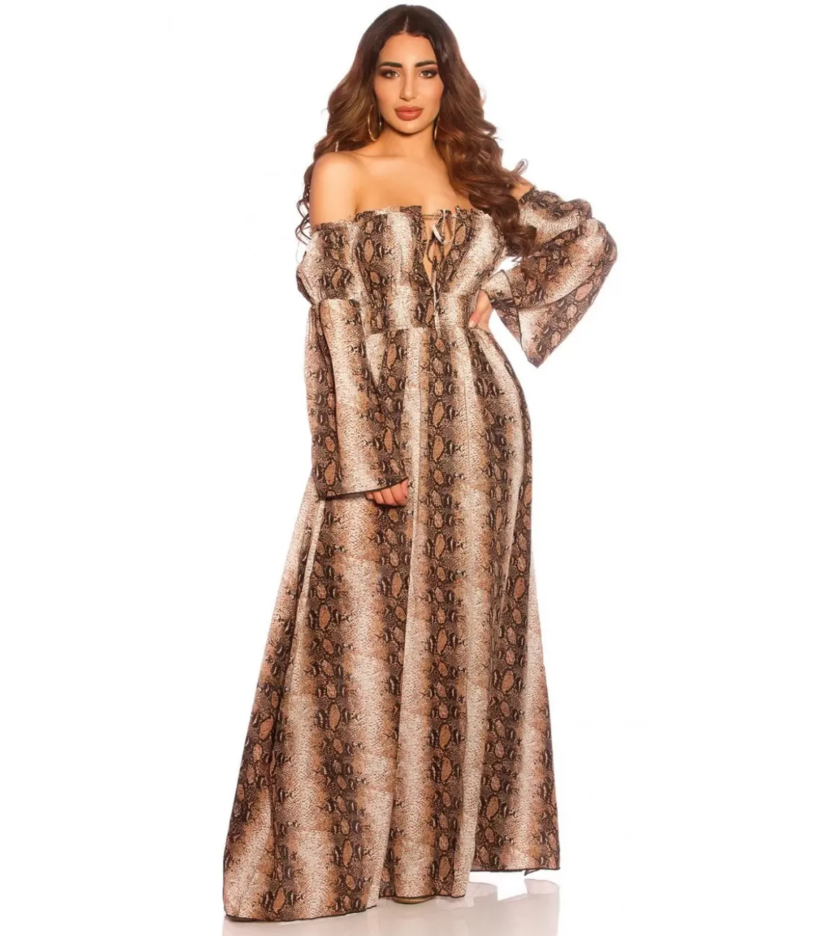 Käärmekuvioinen pitkähihainen off-shoulder mesh-maksimekko