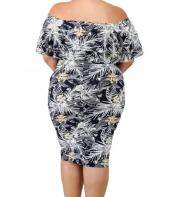 Kukkakuvioinen off-shoulder midimekko röyhelöllä (plus size)