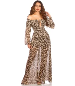 Leopardikuvioinen pitkähihainen off-shoulder mesh-maksimekko